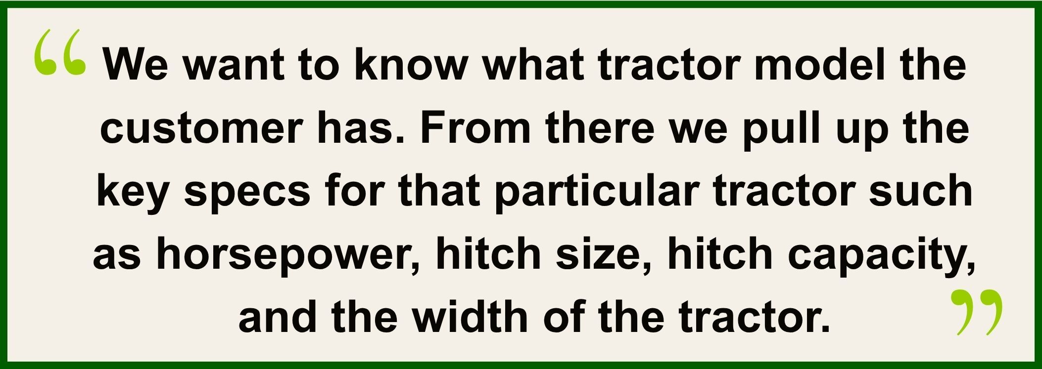 A branded quote graphic featuring expert advice from Northern Woodsmen on selecting the right flail mower. The quote explains that the team reviews a customer&rsquo;s tractor model and checks key specifications to help match the mower to the machine.