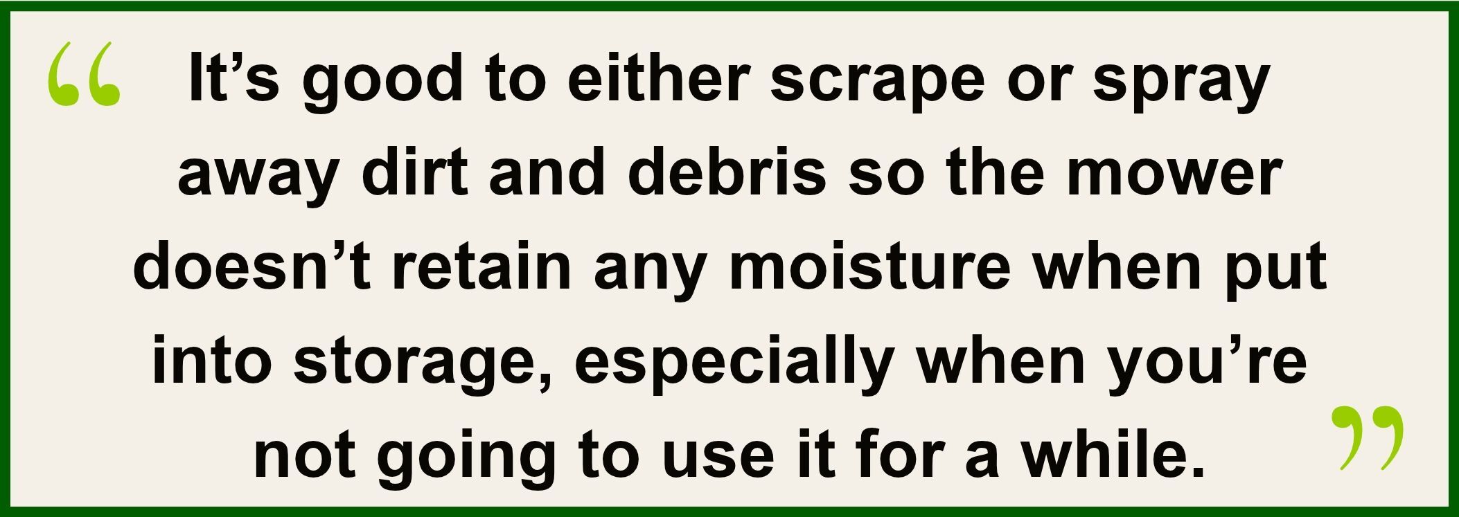 A branded quote graphic featuring maintenance advice for flail mower owners. The quote highlights the importance of cleaning debris from the mower after use to prevent moisture retention, protect components, and maintain equipment condition during storage.
