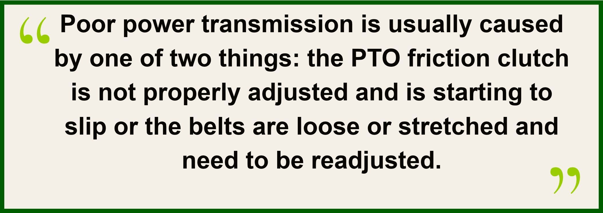 A branded quote graphic featuring expert troubleshooting advice for flail mower performance issues. The quote highlights two common areas to check when power transmission is reduced: friction clutch adjustment and belt tension.