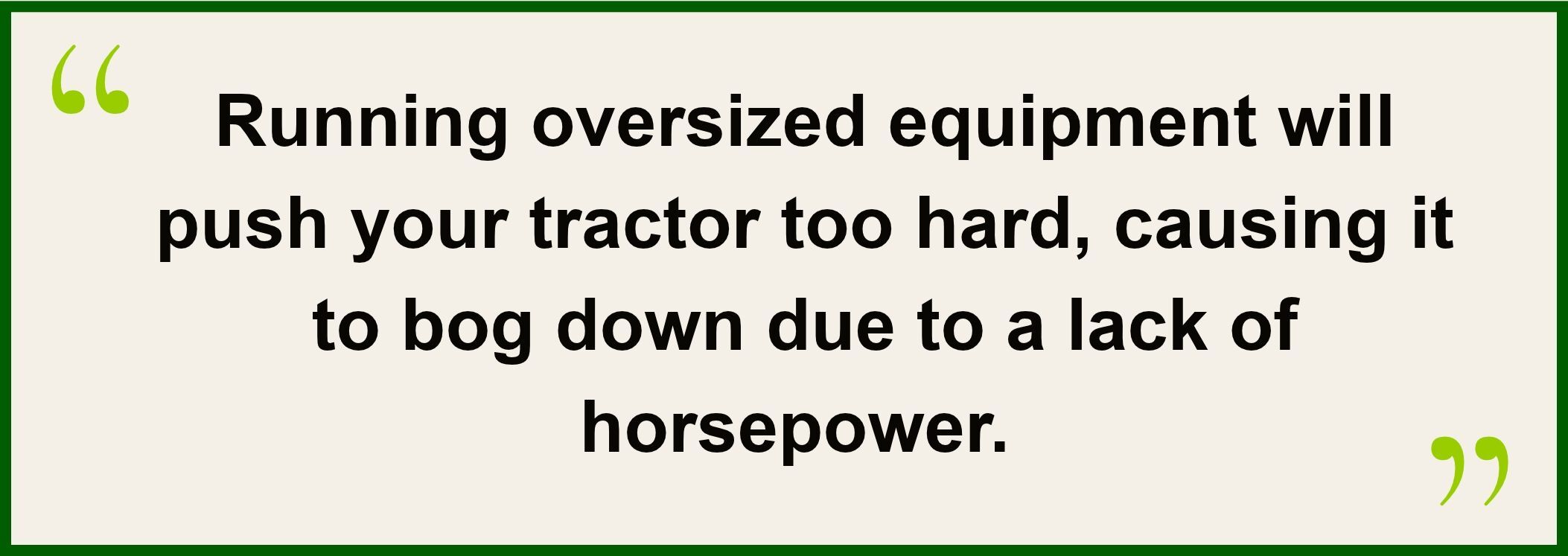 A branded quote graphic featuring expert advice on matching tractor horsepower to flail mower requirements. The quote highlights that lack of available power, rather than cutting performance, can be the main cause of reduced efficiency when operating a flail mower.