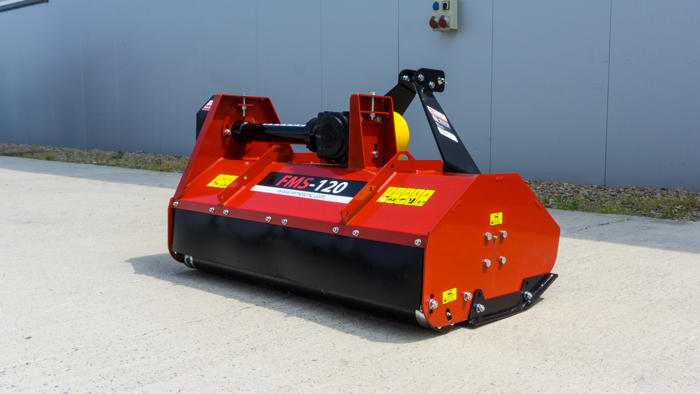 Original product image of a red Remet FMS-120 flail mower, showing its compact frame, PTO connection point and rear 3-point hitch attachment.