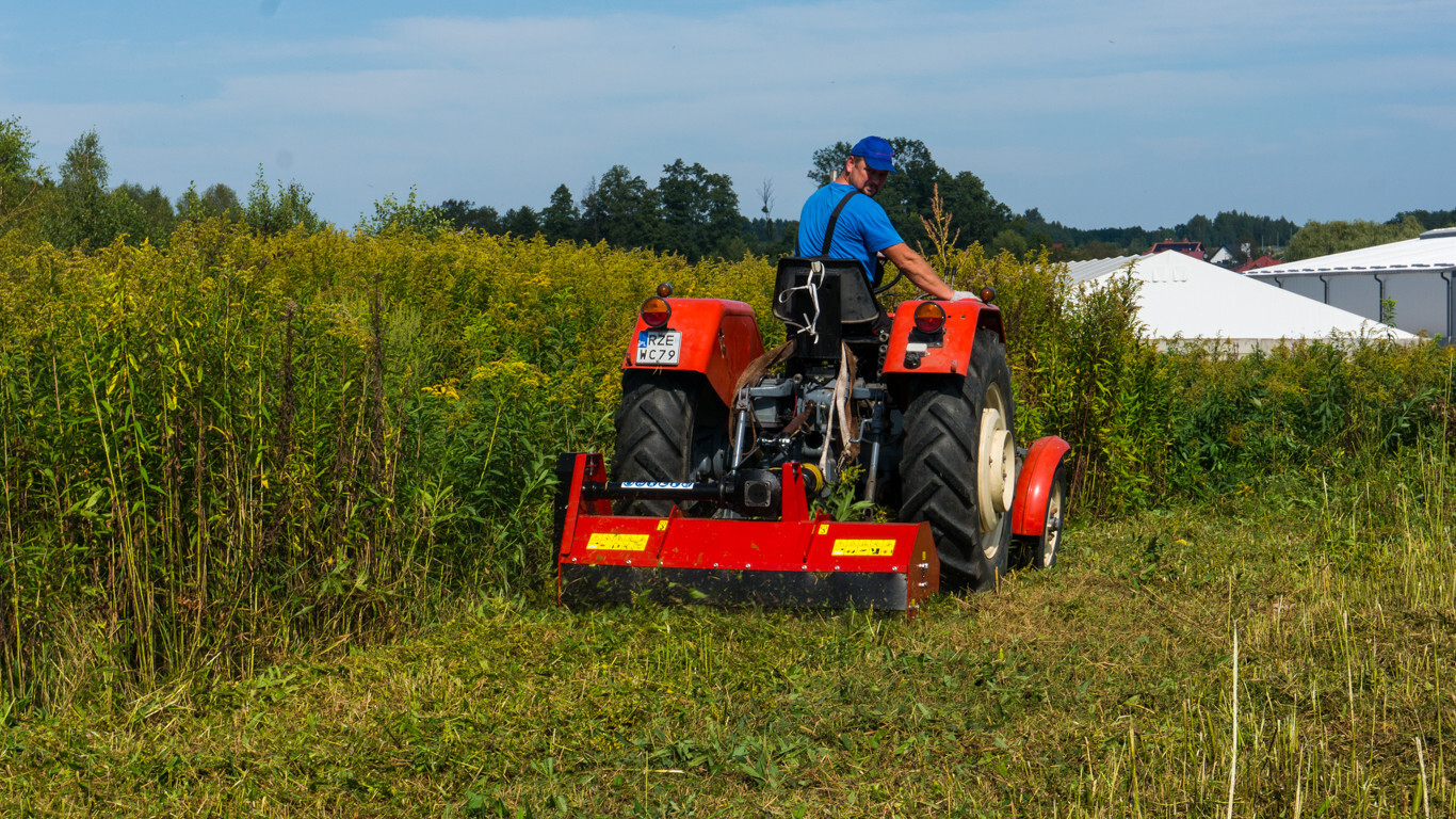 Original image of a tractor fitted with a red flail mower clearing overgrown grass, weeds, and rough vegetation in a field.